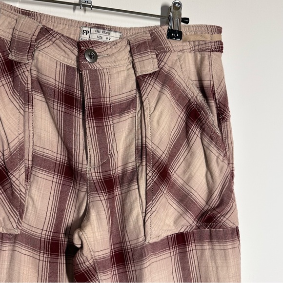Free People Maroon Plaid Button Fly Utility Cargo Pants Sz 2 - Picture 5 of 11